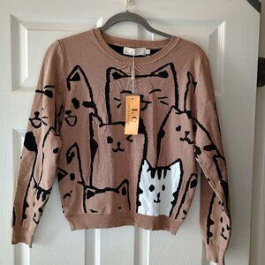 NWT Lizette Collection Cat Print Knit Pullover Sweater Size Large